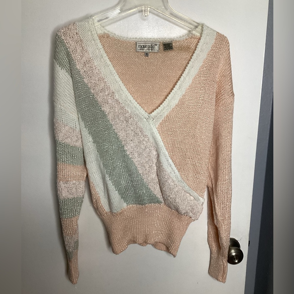 Vintage Maurada V-Neck Colorblock Sweater - Peach, Gray, Cream M
